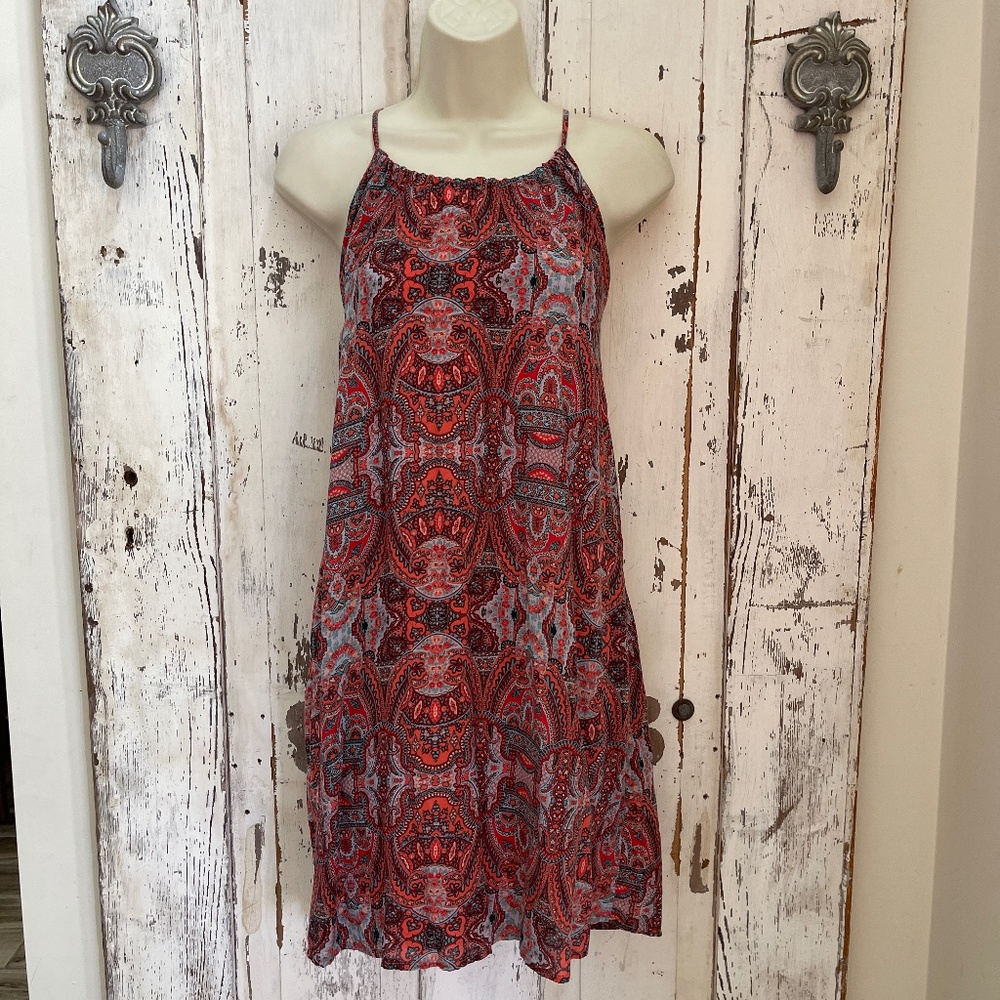 Lucky Brand Sz. Small Womans Rust Coral Orange Blue Paisley Shift Pocketed Dress